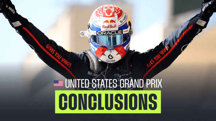 Max Verstappen raises his alarms aloft in celebration in parc ferme in Austin with a PlanetF1.com conclusions banner positioned centre-bottom