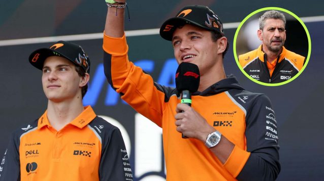 McLaren duo Oscar Piastri and Lando Norris, with Andrea Stella inset.