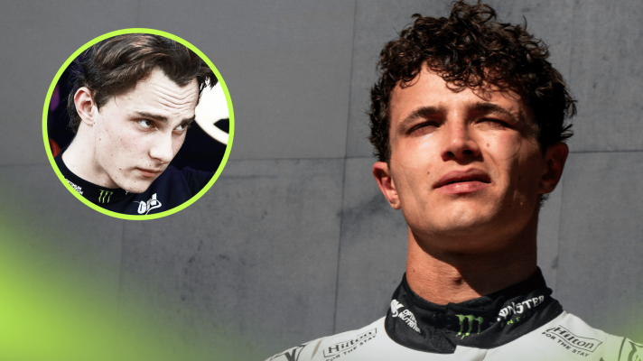 Lando Norris squints on the podium in Austin with an inset of Oscar Piastri