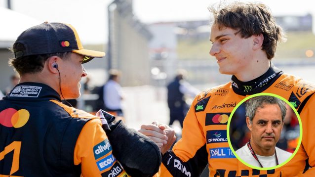 Lando Norris, left, gives a handshake to McLaren teammate Oscar Piastri, right, as Juan Pablo Montoya appears in a bottom right circle