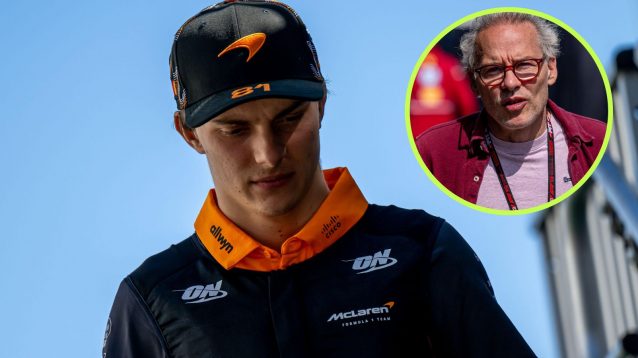 Oscar Piastri, McLaren, pictured at the 2025 United States Grand Prix, as Jacques Villeneuve appears in a top right circle