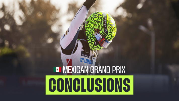 Lando Norris bows his head as he raises an arm in celebration with a PlanetF1.com conclusions banner positioned centre-bottom