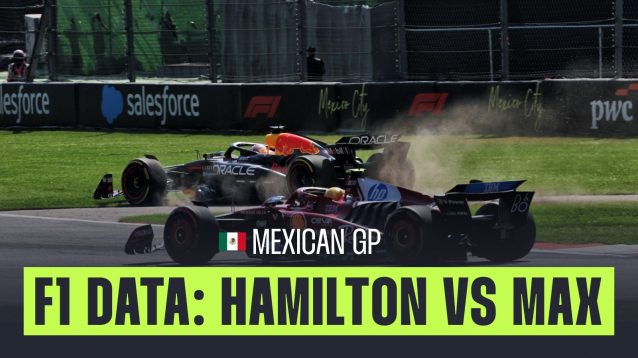 Max Verstappen and Lewis Hamilton in combat during the 2025 Mexico City Grand Prix