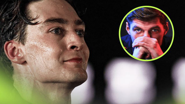 A close up of George Russell with his face drenched in sweat and inset of Max Verstappen alongside him