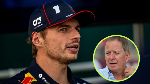 Max Verstappen, Red Bull, pictured at the 2025 Mexican Grand Prix, as Martin Brundle appears in a bottom right circle