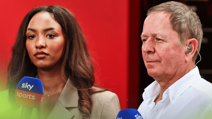 Naomi Schiff and Martin Brundle holding Sky F1 microphones in the paddock