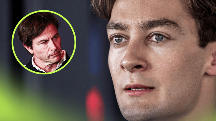 A close-up shot of George Russell with an inset of Toto Wolff