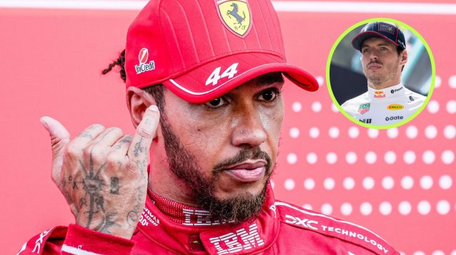 Lewis Hamilton, Ferrari, pictured at the 2025 United States Grand Prix, as Max Verstappen, Red Bull, appears in a top right circle