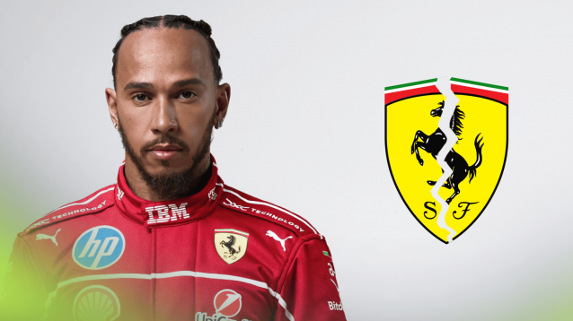 A studio shot of Lewis Hamilton in Ferrari overalls with a cracked Ferrari logo alongside him