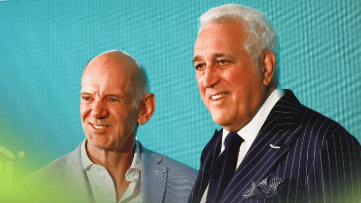 Adrian Newey and Lawrence Stroll smile for the cameras at an Aston Martin event