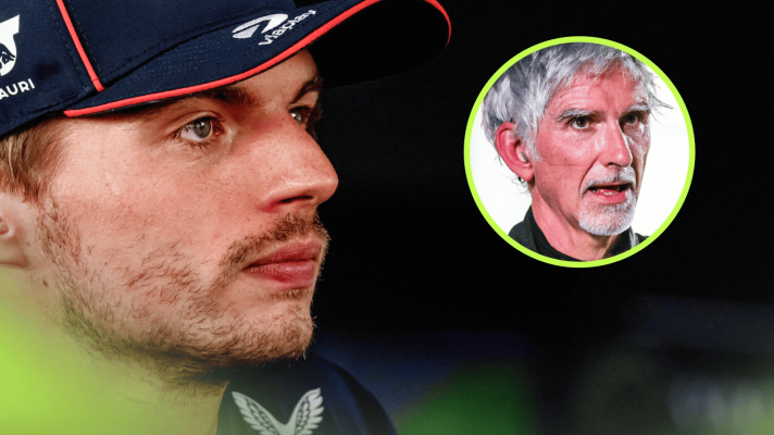 A close-up shot of Max Verstappen with an inset of Damon Hill