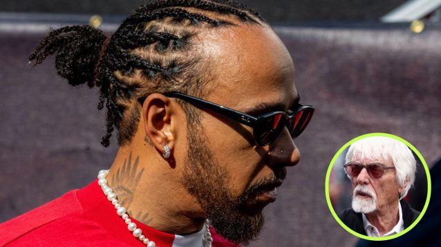 Lewis Hamilton, Ferrari, pictured at the 2025 United States Grand Prix, as Bernie Ecclestone appears in a bottom right circle