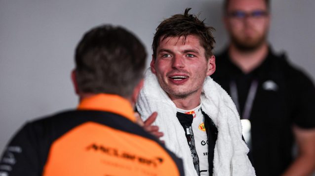 F1 news featuring Zak Brown and Max Verstappen.