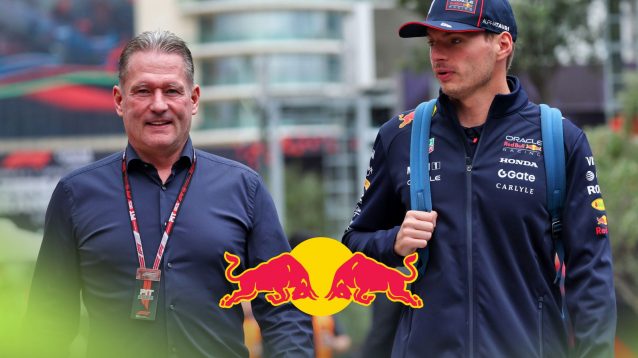 Jos and Max Verstappen arrive at the 2025 Azerbaijan Grand Prix, as a Red Bull logo appears between them