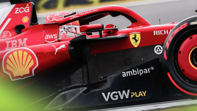 An action shot of Charles Leclerc's Ferrari on track at Silverstone