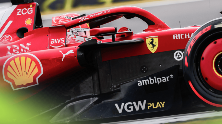 An action shot of Charles Leclerc's Ferrari on track at Silverstone