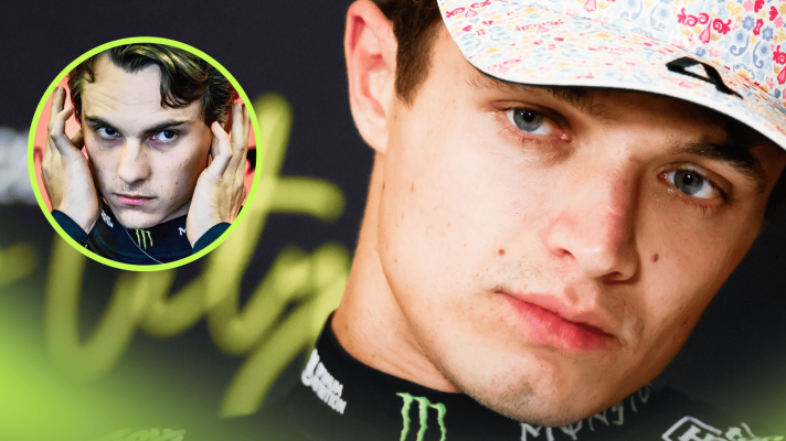 A close-up shot of Lando Norris in a press conference with an inset of Oscar Piastri alongside him