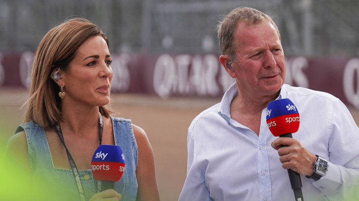 Natalie Pinkham and Martin Brundle broadcast for Sky F1 on the grid at Silverstone