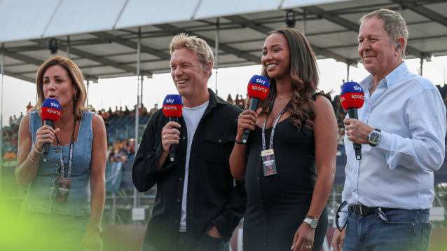 Natalie Pinkham, Simon Lazenby, Naomi Schiff and Martin Brundle holding Sky F1 microphones