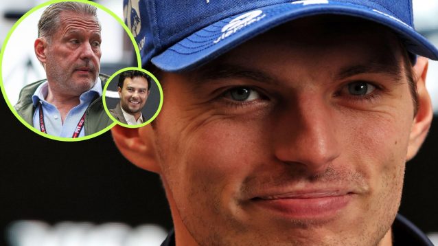 Max Verstappen, Red Bull, smiling at the 2025 Brazilian Grand Prix, as Jos Verstappen appears in a circle, and Sergio Perez a smaller circle, top left
