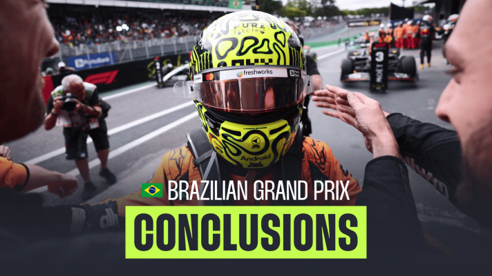 A POV shot of Lando Norris celebrating in parc ferme with McLaren team members positioned either side and a PlanetF1.com conclusions banner positioned centre-bottom