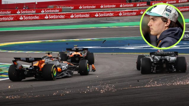 Oscar Piastri, McLaren, collides with Kimi Antonelli, Mercedes, with Ferrari's Charles Leclerc also impacted at the 2025 Brazilian Grand Prix