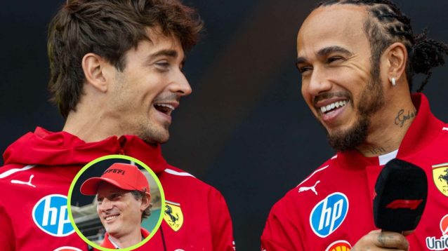 Ferrari chairman John Elkann inset, with Charles Leclerc and Lewis Hamilton.