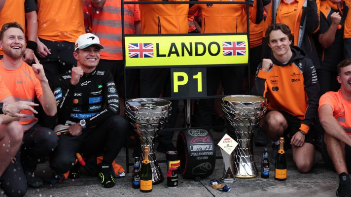 Lando Norris P1 in Brazil with Oscar Piastri joining the celebration