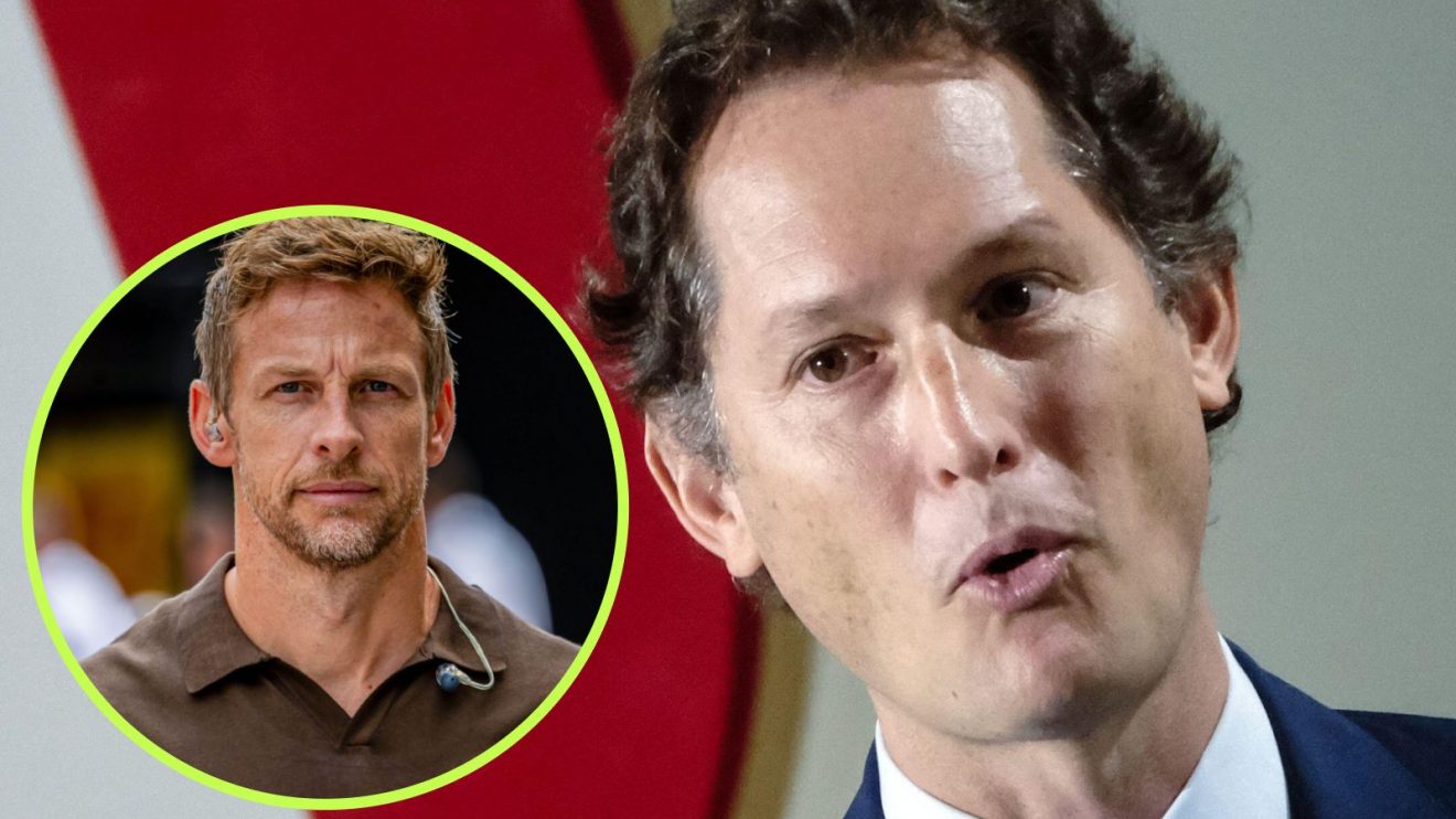 Ferrari president John Elkann in focus, as Jenson Button appears in a large circle on the left