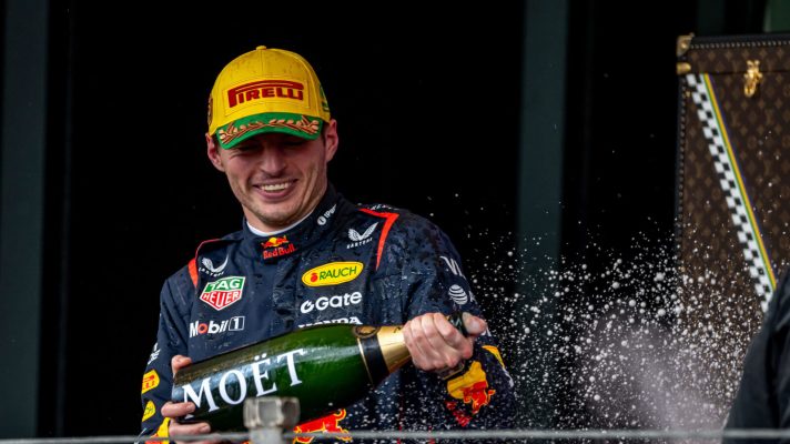 Max Verstappen celebrates on the podium