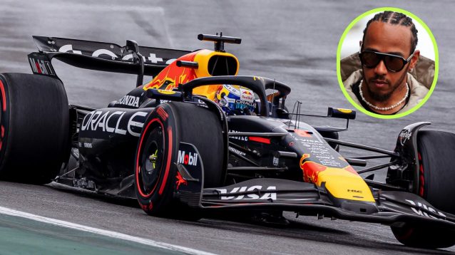 Max Verstappen driving the Red Bull RB21 at the 2025 Brazilian Grand Prix, as Lewis Hamilton appears in a top right oval