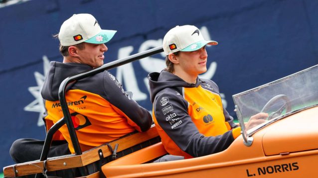Oscar Piastri and Lando Norris in the drivers parade in Brazil.