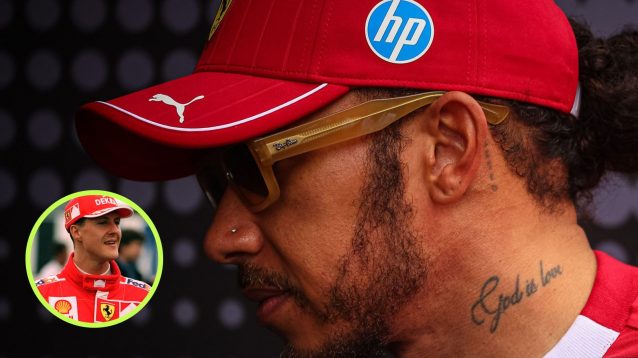 Lewis Hamilton, Ferrari, pictured at the 2025 Belgian Grand Prix, as Michael Schumacher appears in a bottom left circle