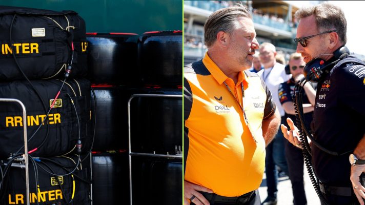 F1 tyres alongside Zak Brown and Christian Horner