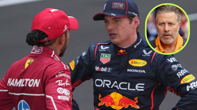 Lewis Hamilton, left, and Max Verstappen, right, speaking at the 2025 Chinese Grand Prix, as Zak Brown, McLaren, appears in a top right oval