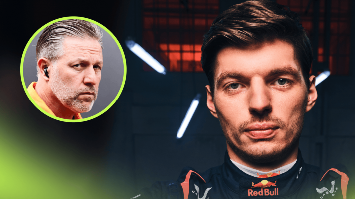 Max Verstappen eyes the camera in a Red Bull promo shot with an inset of Zak Brown in the paddock