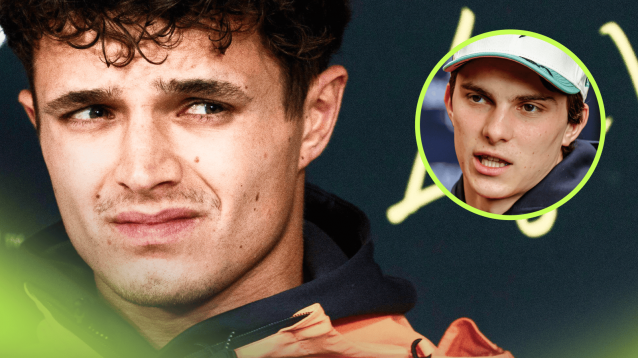 Lando Norris glances awkwardly to the side with an inset of Oscar Piastri