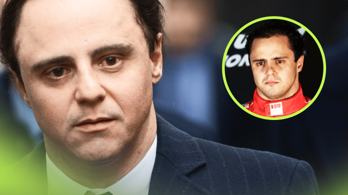 Felipe Massa looks serious outside court with an inset of him looking sad on the podium in Brazil in 2008