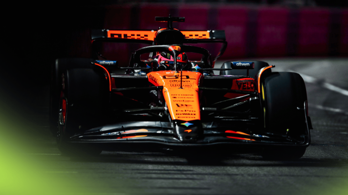 An action shot of Oscar Piastri's McLaren on track in practice in Las Vegas