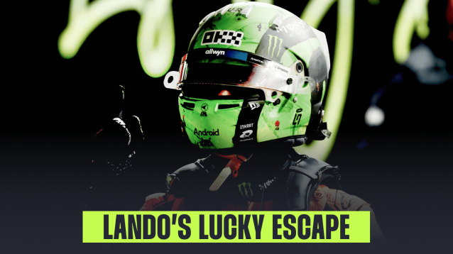 A dramatic shot of Lando Norris raising his finger in celebration with a banner reading: 'Lando's lucky escape'