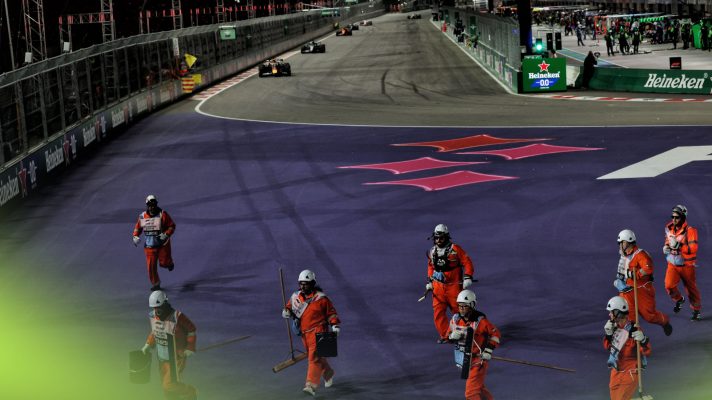Marshals leaving the run-off area at Turn 1 on Lap 2 of the Las Vegas Grand Prix.