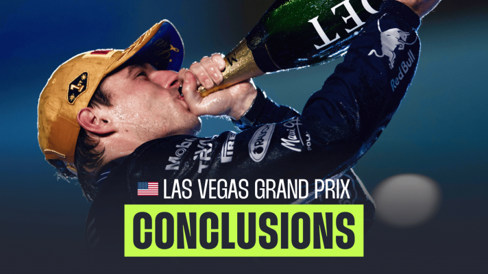 Max Verstappen drinking champagne during the podium celebrations in Las Vegas with a PlanetF1.com conclusions banner positioned centre-bottom
