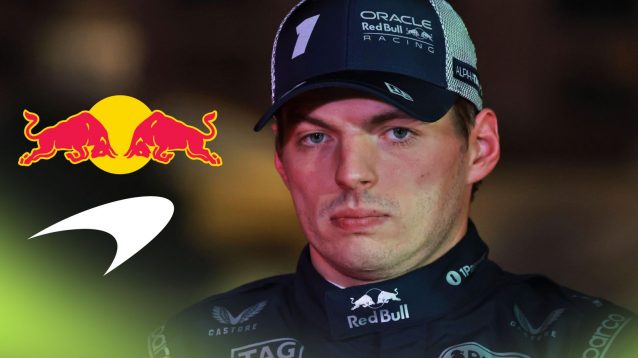 Max Verstappen pictured at the 2025 Las Vegas Grand Prix, as the Red Bull logo, and McLaren below, appears on the left