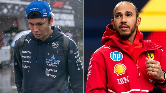 Alex Albon of Williams, left, and Lewis Hamilton of Ferrari, right, pictured at the 2025 Las Vegas Grand Prix