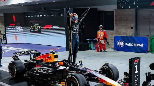 Max Verstappen celebrates his Las Vegas win