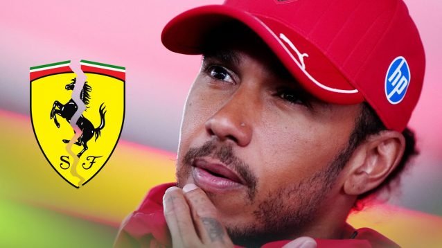 Lewis Hamilton, in thought, at the 2025 Dutch Grand Prix, as a broken Ferrari logo appears on the left