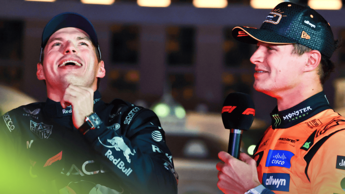 Max Verstappen looks to the sky with laughter as Lando Norris is interviewed