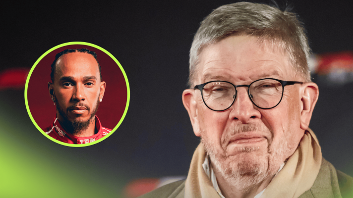 Ross Brawn smiles at the F1 75 launch event with an inset of Lewis Hamilton