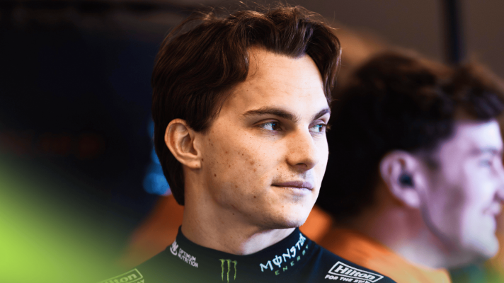 Oscar Piastri looks on in the McLaren garage in Las Vegas