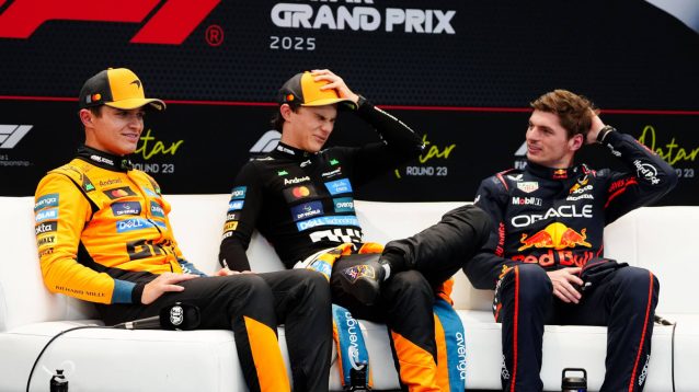 Lando Norris, Oscar Piastri and Max Verstappen in a press conference